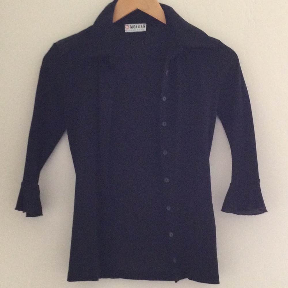 Morgan Black Button-Up Shirt with Subtle Ruffle Cuffs